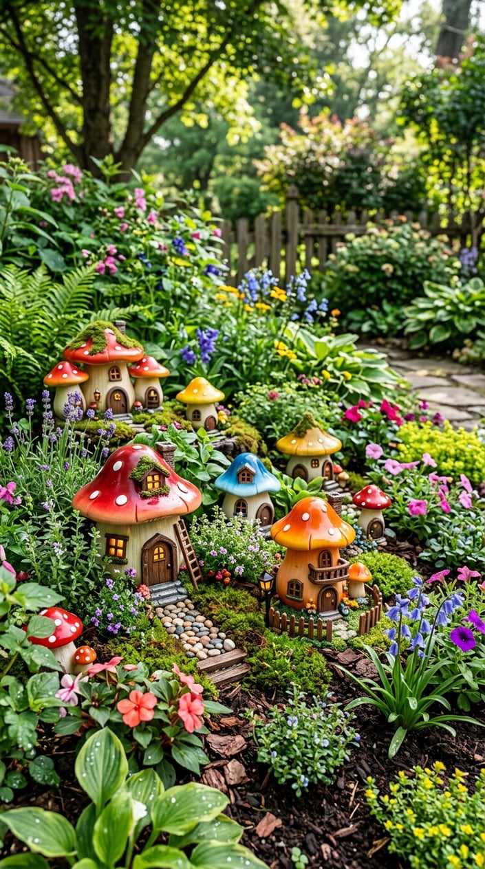 Bright colorful resin mushroom houses nestled among green plants and flowers in a backyard garden.