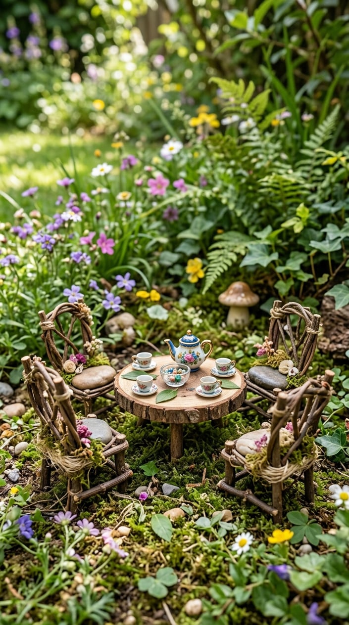 A miniature tea table surrounded by small twig and stone chairs set outdoors among grass and wildflowers.