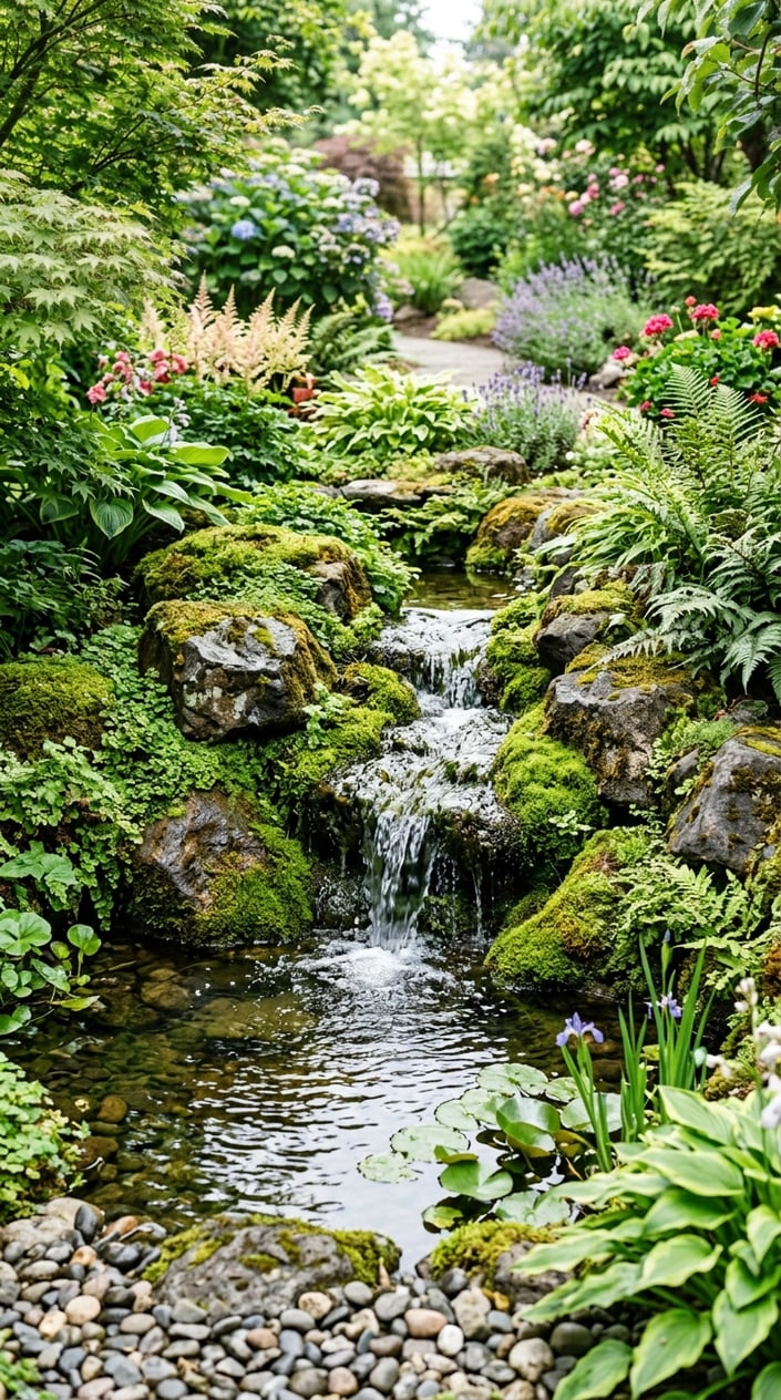 A small backyard waterfall made of river rocks covered with creeping moss, with water flowing into a calm pool surrounded by green plants.