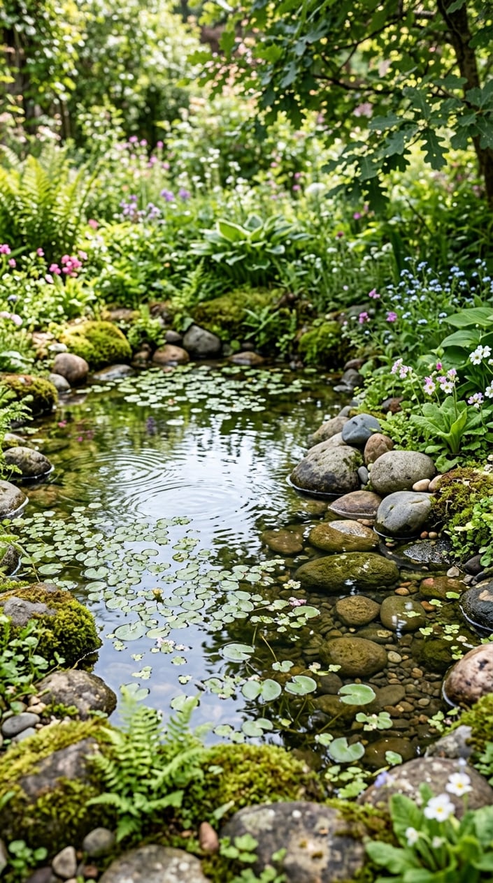 A shallow pond with small lily pads and smooth stones surrounded by greenery.