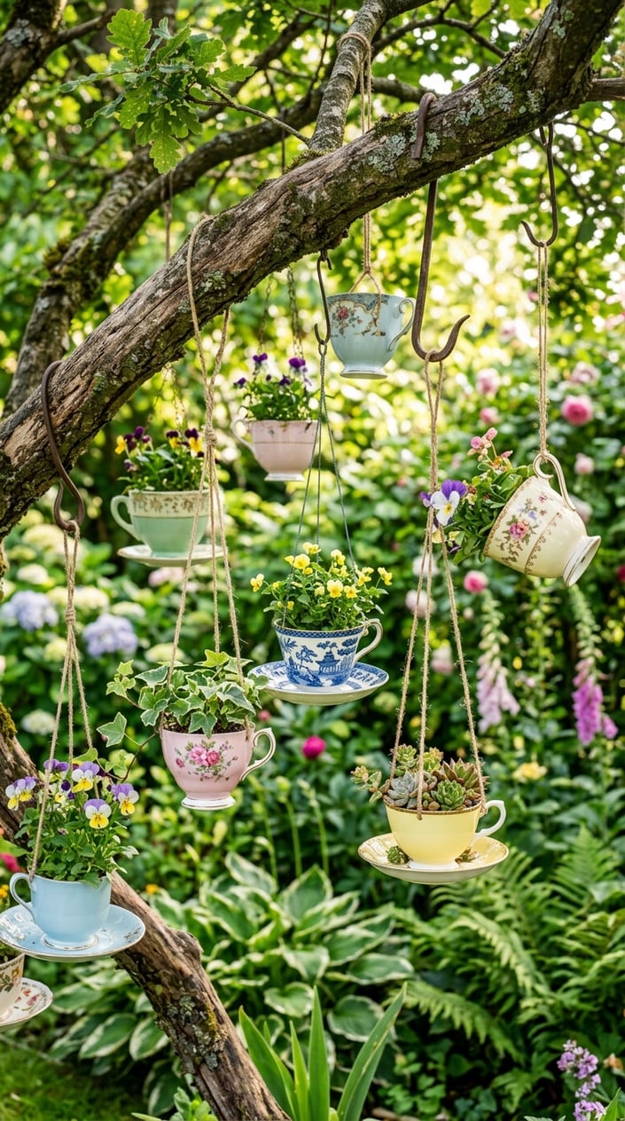 Several vintage teacups filled with plants hanging from tree branches and hooks in a backyard garden.