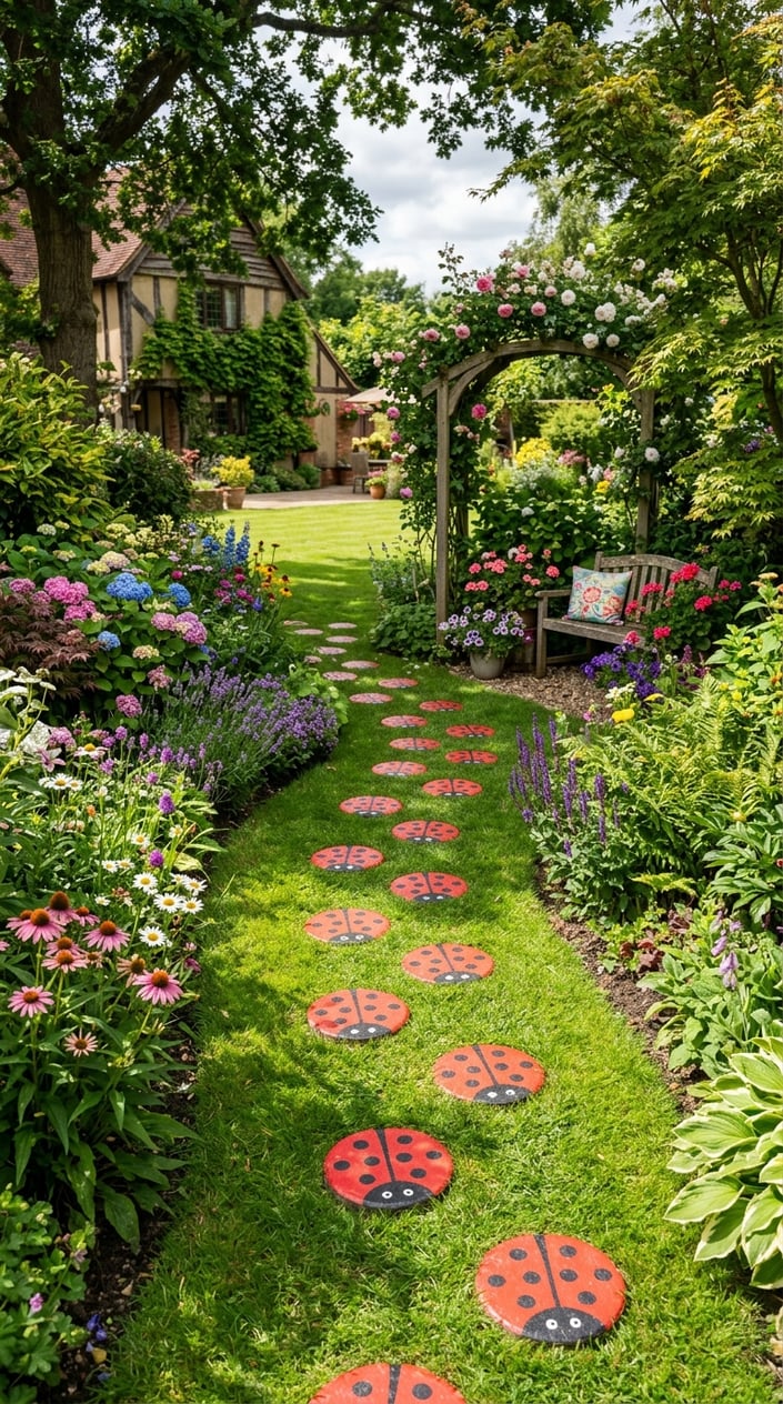 A winding path of painted ladybug stepping stones leads through a green backyard with flowers and shrubs.