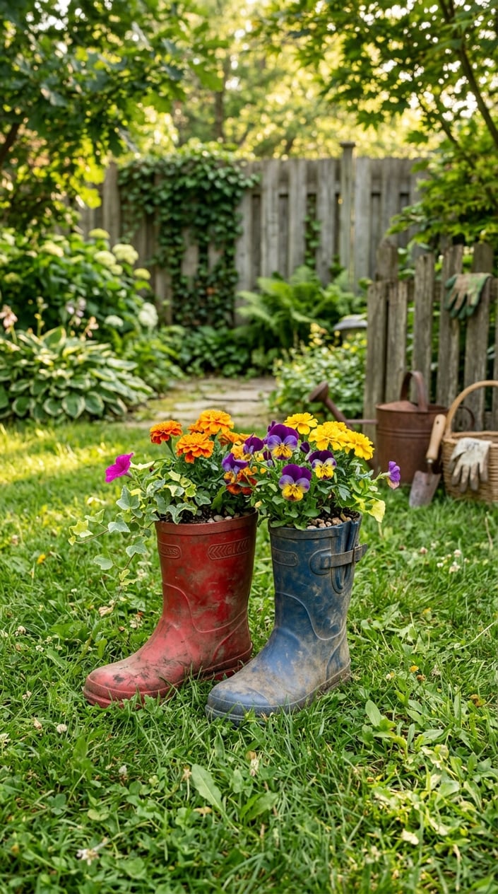 Old rain boots filled with blooming marigolds and pansies placed on green grass in a backyard garden.