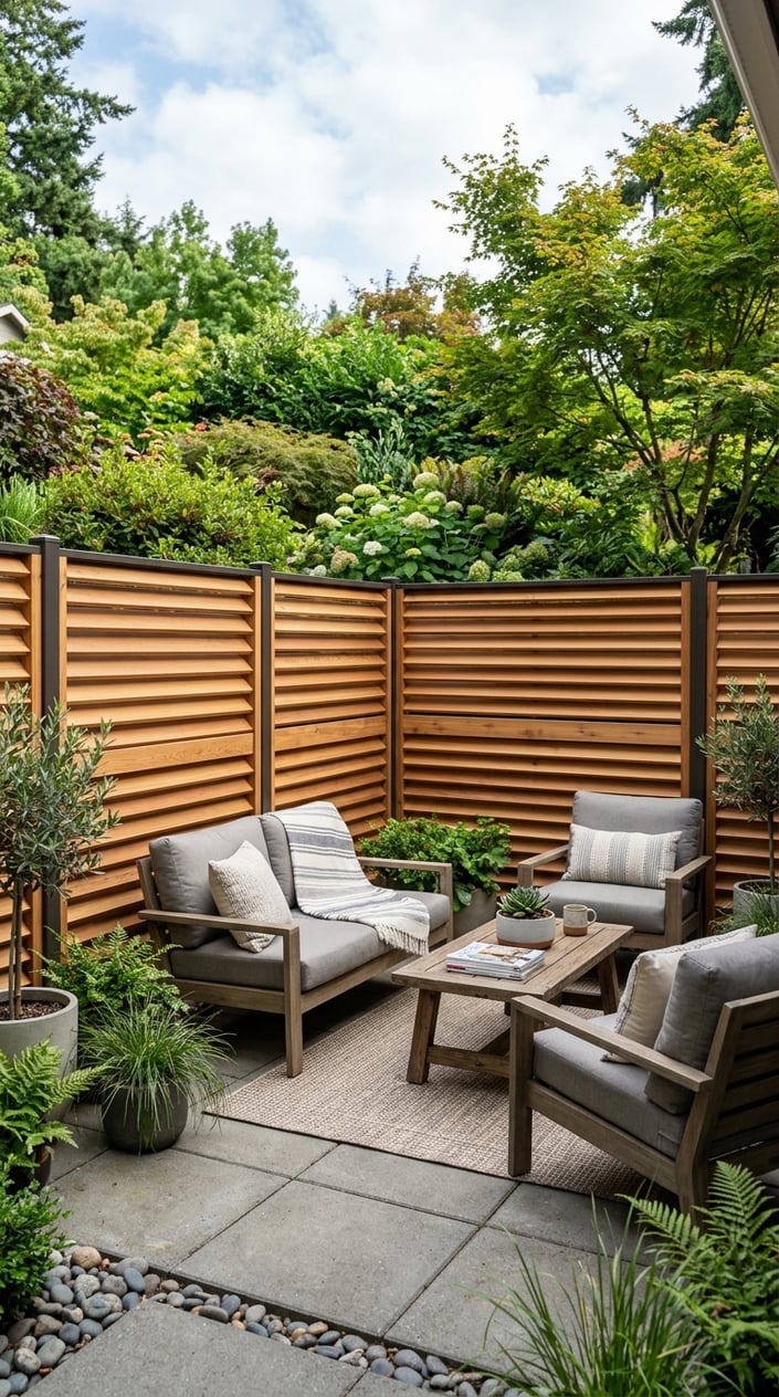 A patio surrounded by a wooden louvered privacy fence with outdoor seating and plants.