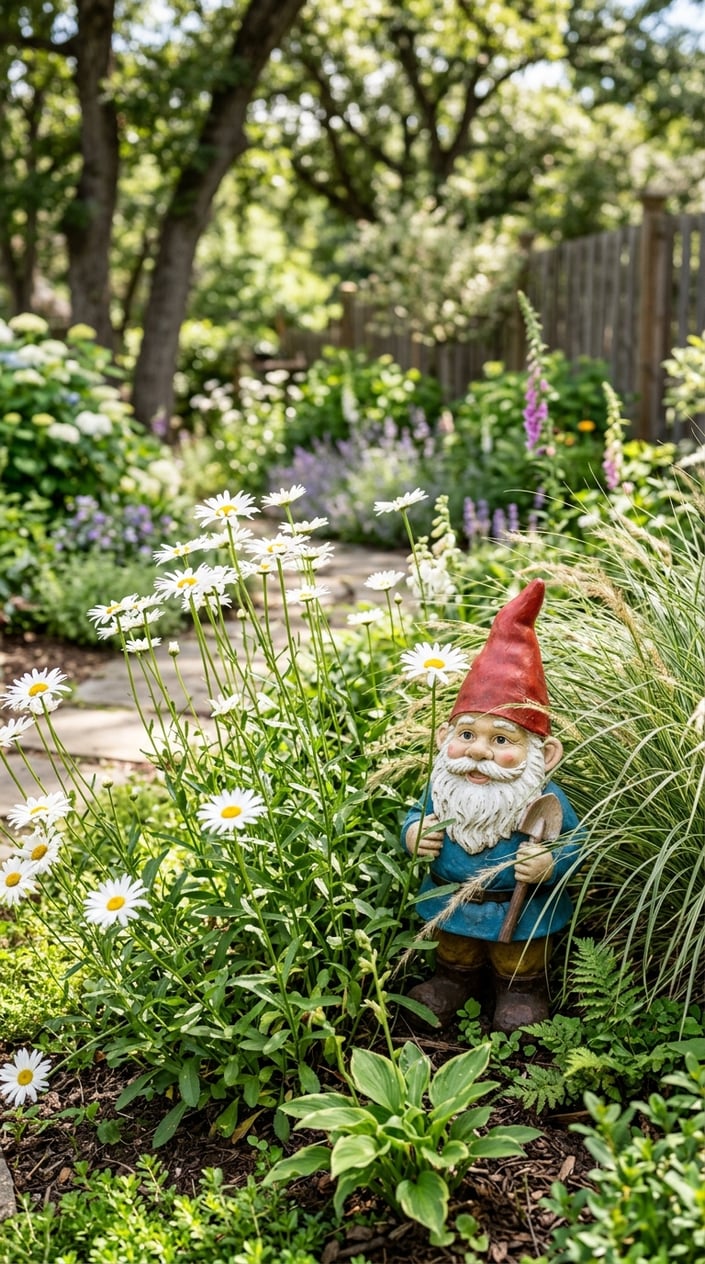 A garden gnome partially hidden behind white daisies and tall ornamental grasses in a backyard garden.