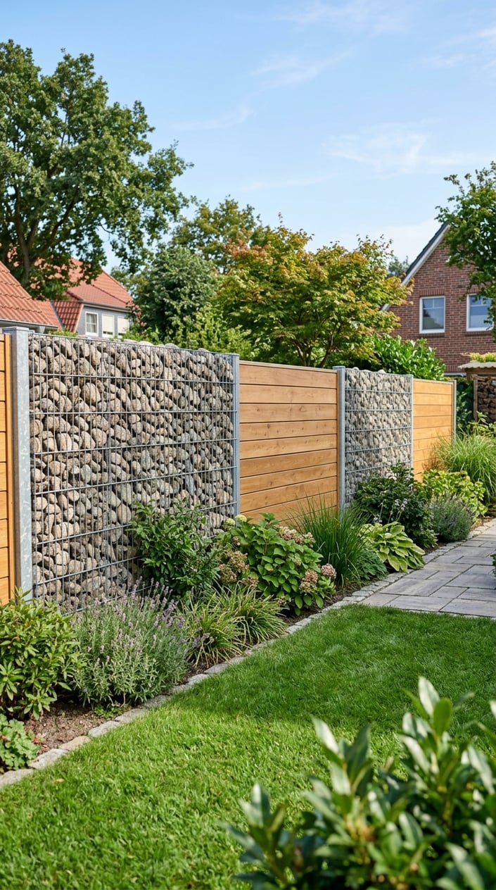 A backyard privacy fence made of stone-filled gabion cages and horizontal wooden panels surrounded by green grass and plants.