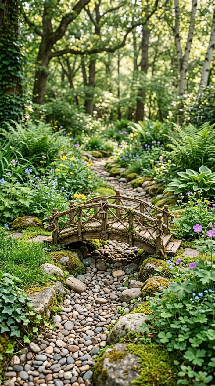 A small wooden fairy bridge over a dry creek bed surrounded by grass, flowers, and stones.