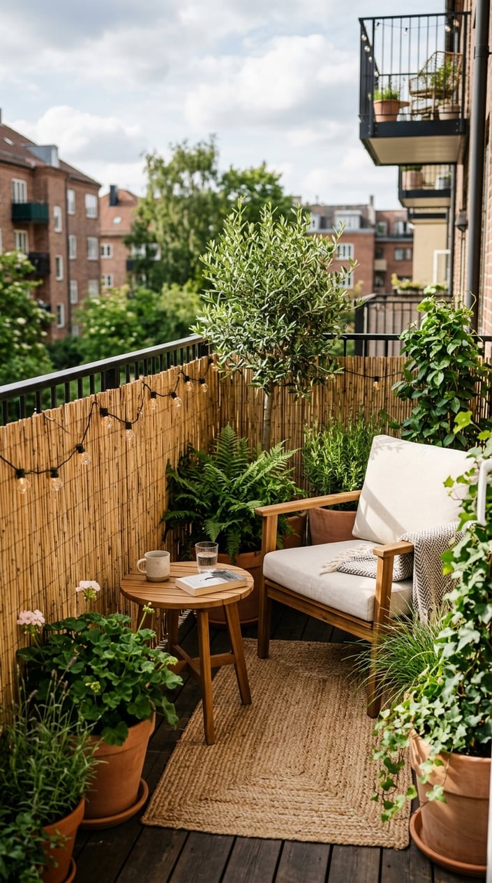 A balcony or small patio with a reed roll fence providing privacy, surrounded by outdoor furniture and plants.