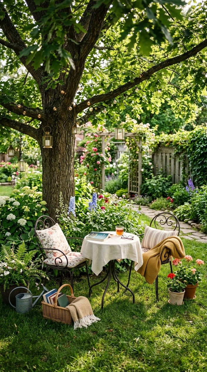A small bistro table with two chairs set under a large tree surrounded by grass, flowers, and garden plants.