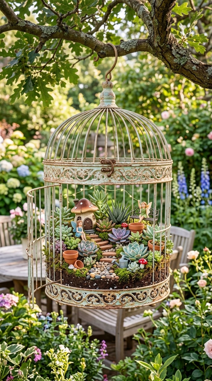 A vintage birdcage filled with various succulents and small fairy decorations, placed outdoors in a garden surrounded by plants and flowers.
