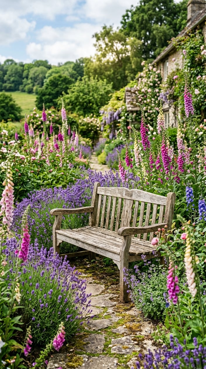 A rustic wooden bench surrounded by blooming lavender and foxglove flowers in a garden.