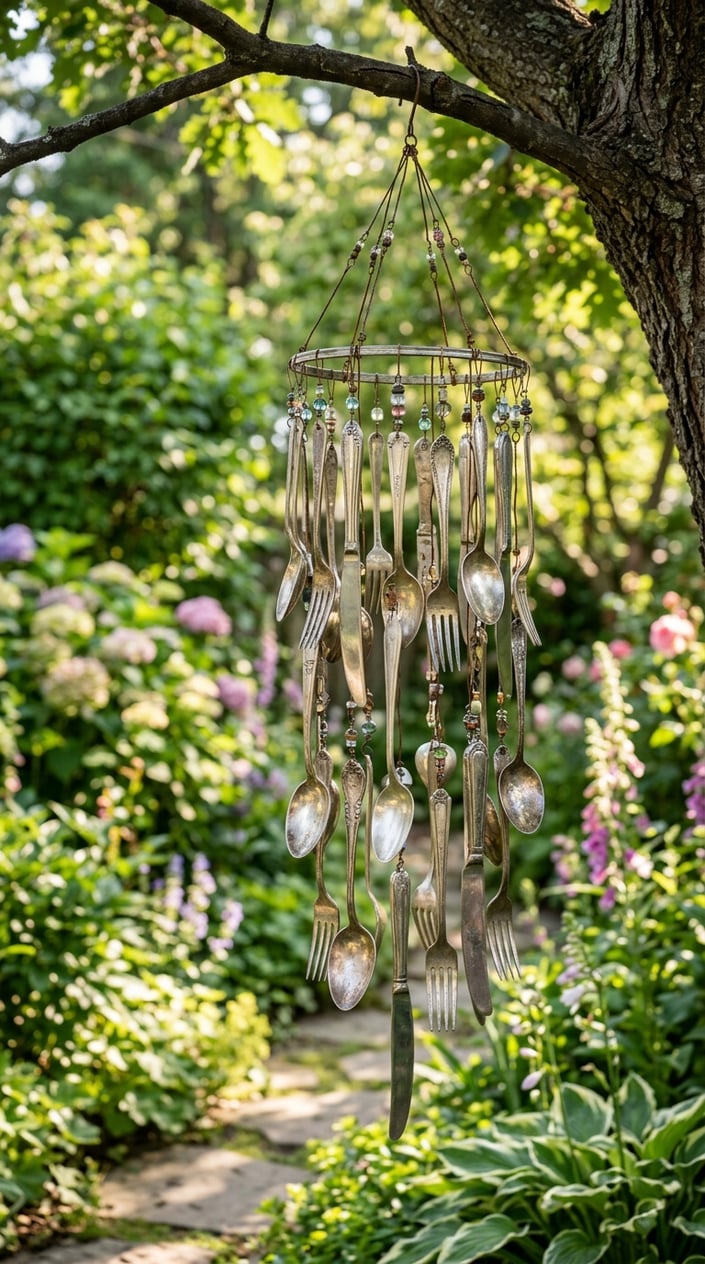 A whimsical wind chime made from assorted silverware hanging outdoors in a green backyard with flowers and sunlight.
