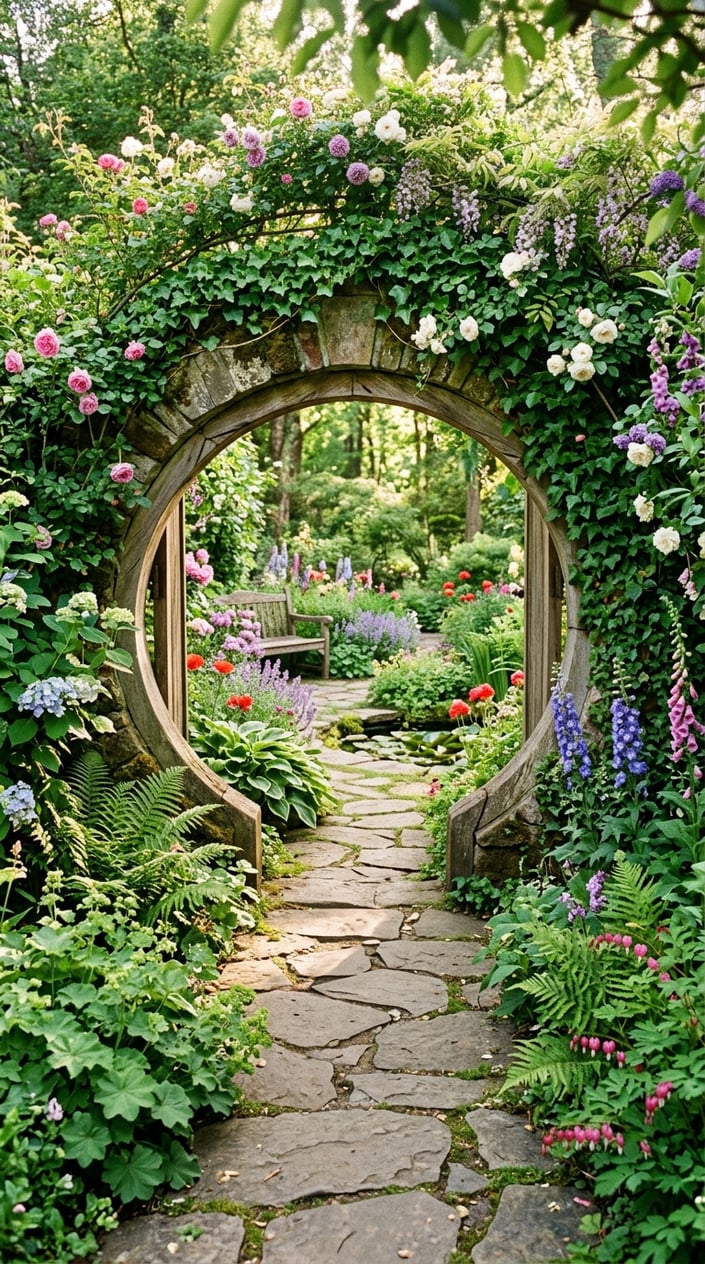 A lush backyard with a circular moon gate or mirror surrounded by plants and flowers, leading to a hidden garden area.