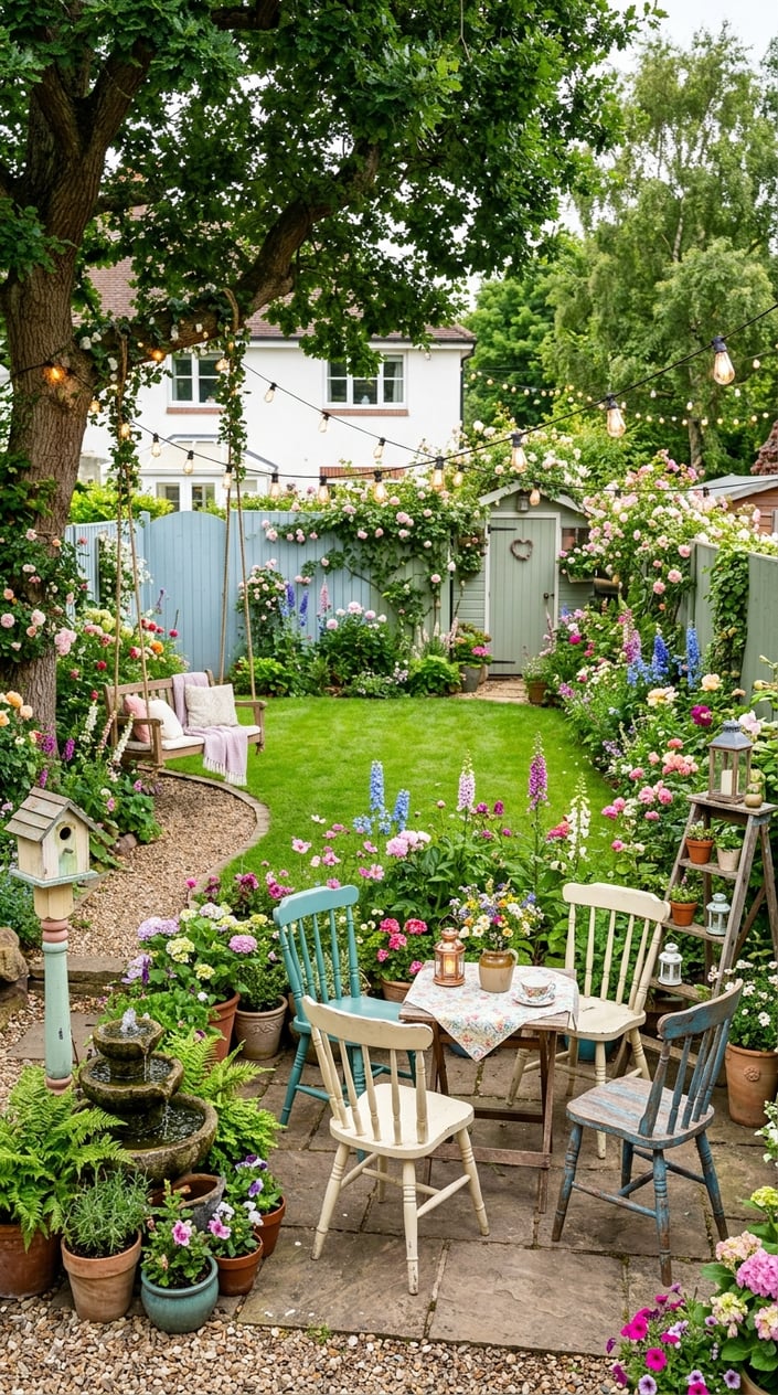 A backyard with green grass, colorful flowers, string lights, a cozy seating area with plants, a birdhouse, a small water fountain, and a swing hanging from a tree.