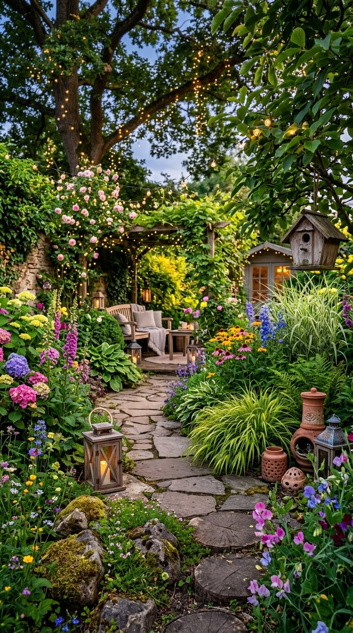 A backyard garden with colorful flowers, wooden pathways, stone accents, fairy lights, and a cozy seating area surrounded by greenery.
