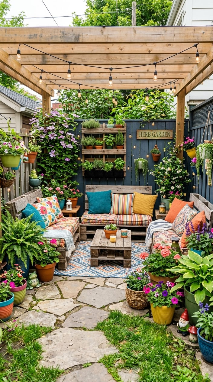 A small backyard with cozy seating, potted plants, string lights, and playful garden decorations.
