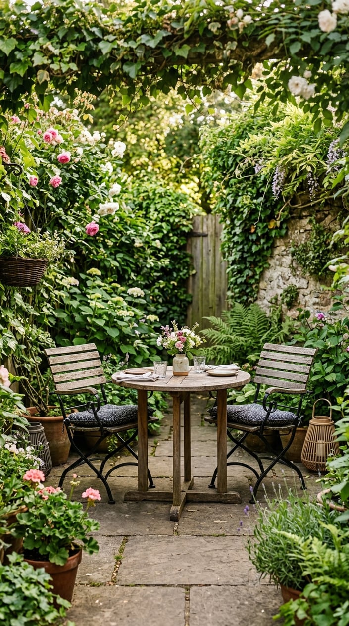A small outdoor seating corner with a round table and two chairs surrounded by green plants.