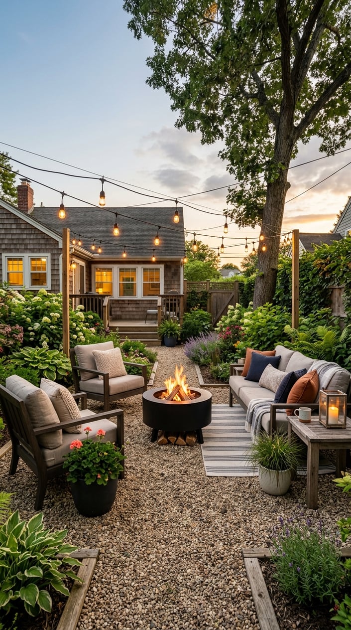 Backyard with a pea gravel patio and a black steel fire pit surrounded by outdoor seating and plants.