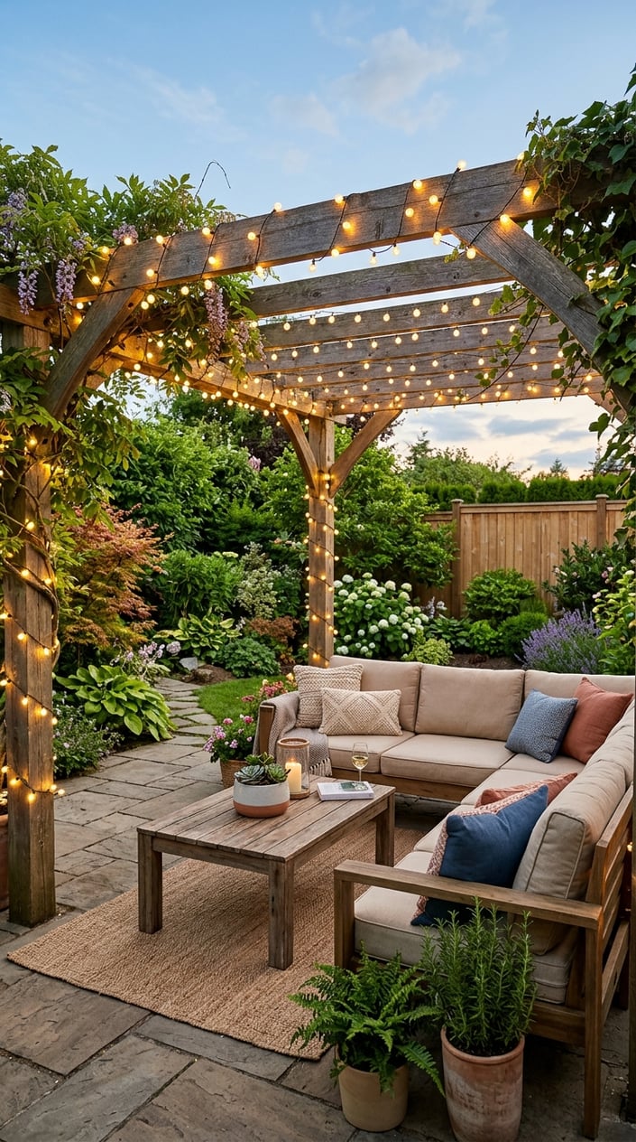 A backyard lounge area with a wooden pergola decorated with glowing string lights and comfortable seating surrounded by plants.
