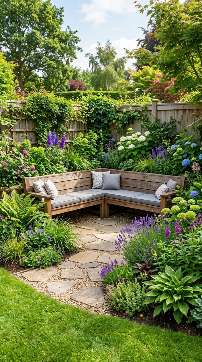 Outdoor corner garden with an L-shaped wooden bench surrounded by layered planting beds filled with green plants and colorful flowers.