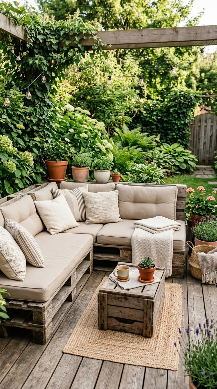 A backyard seating area with a pallet sofa with beige cushions and a wooden crate coffee table on a patio surrounded by green plants.