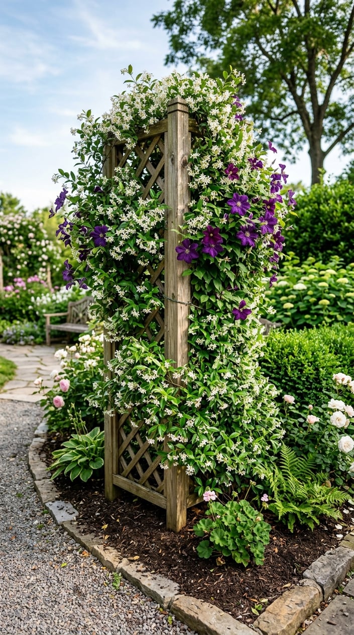 A garden corner with a wooden vertical trellis covered in climbing jasmine or clematis plants with green leaves and white or purple flowers.