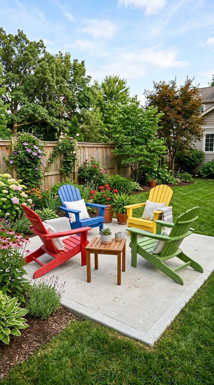 A colorful Adirondack chair corner on a concrete pad in a backyard with green grass and plants around.