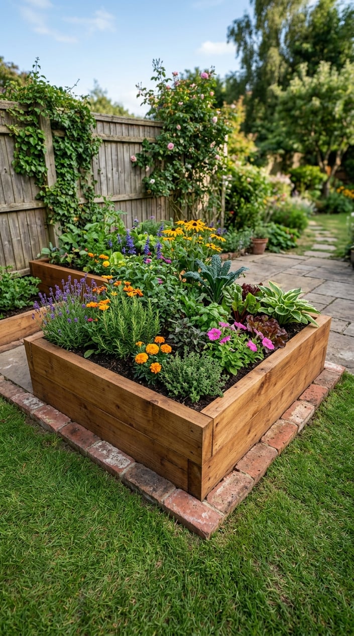 A corner garden with a cedar raised bed framed by brick or steel edging, filled with green plants and colorful flowers.