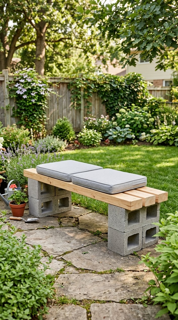 A backyard bench made from cinder blocks and wooden planks with waterproof seat cushions, set outdoors on a patio surrounded by grass and plants.