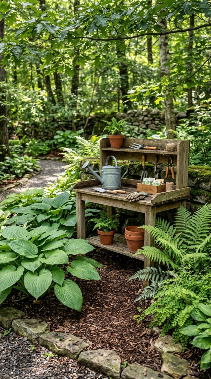 A shady garden corner with green hostas, ferns, and a wooden potting bench with gardening tools.