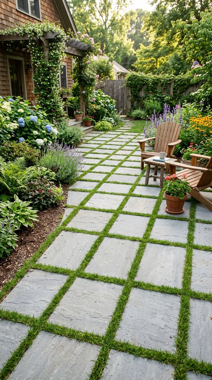 A backyard patio made of rectangular stone pavers with green grass growing between the joints, surrounded by plants and natural sunlight.