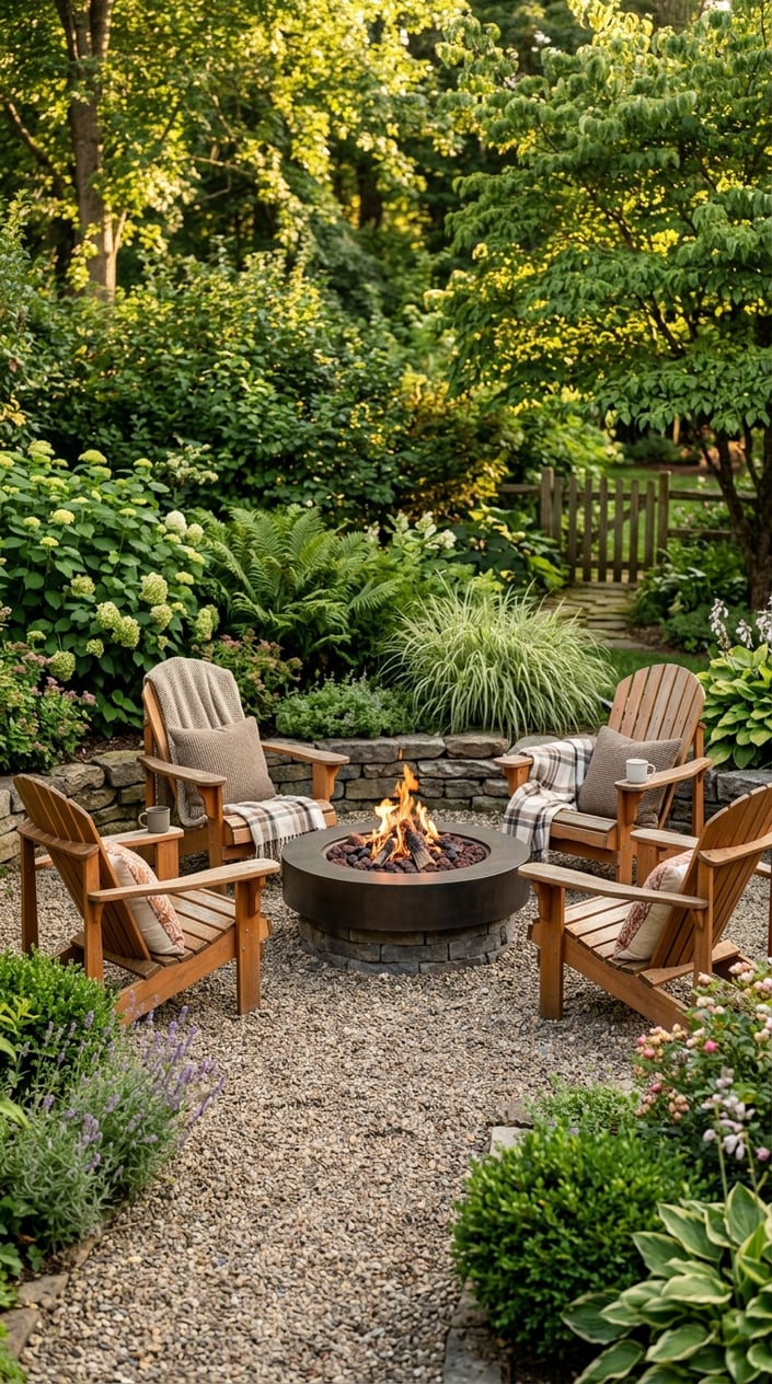 Outdoor corner patio with a fire pit surrounded by Adirondack chairs on gravel, surrounded by garden plants.