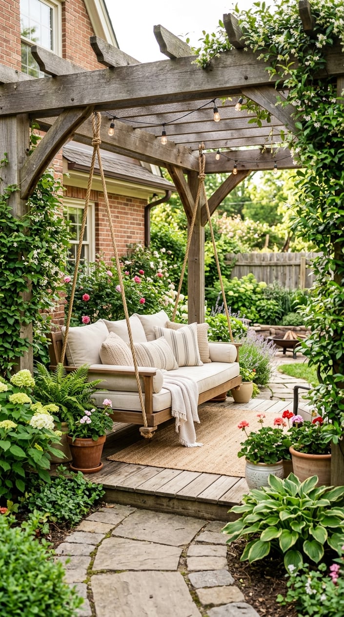 A swing bed hanging from a wooden beam under a covered porch in a backyard surrounded by plants.