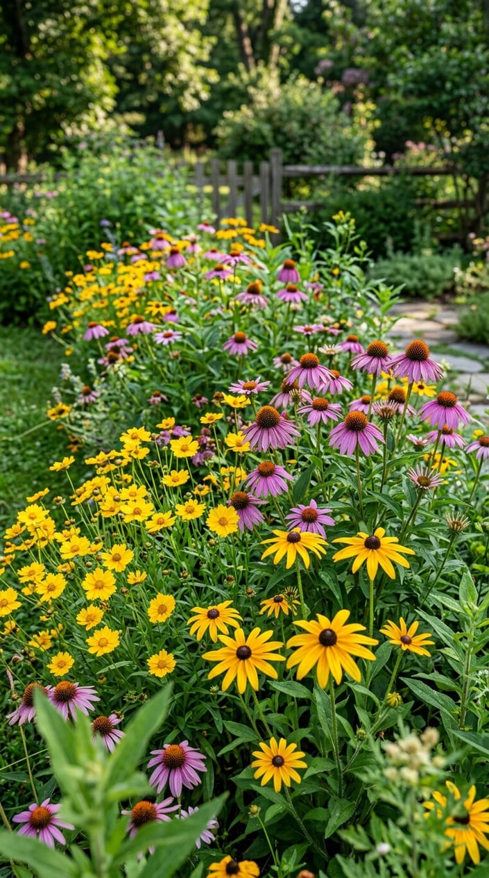 A colorful corner meadow filled with blooming coreopsis, coneflowers, and black-eyed Susans surrounded by green foliage.
