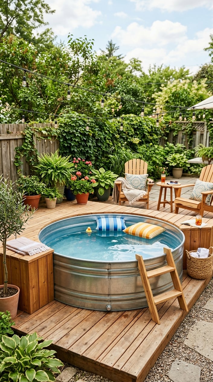 A galvanized metal stock tank used as a plunge pool with a wooden deck and seating area in a backyard surrounded by plants and outdoor furniture.