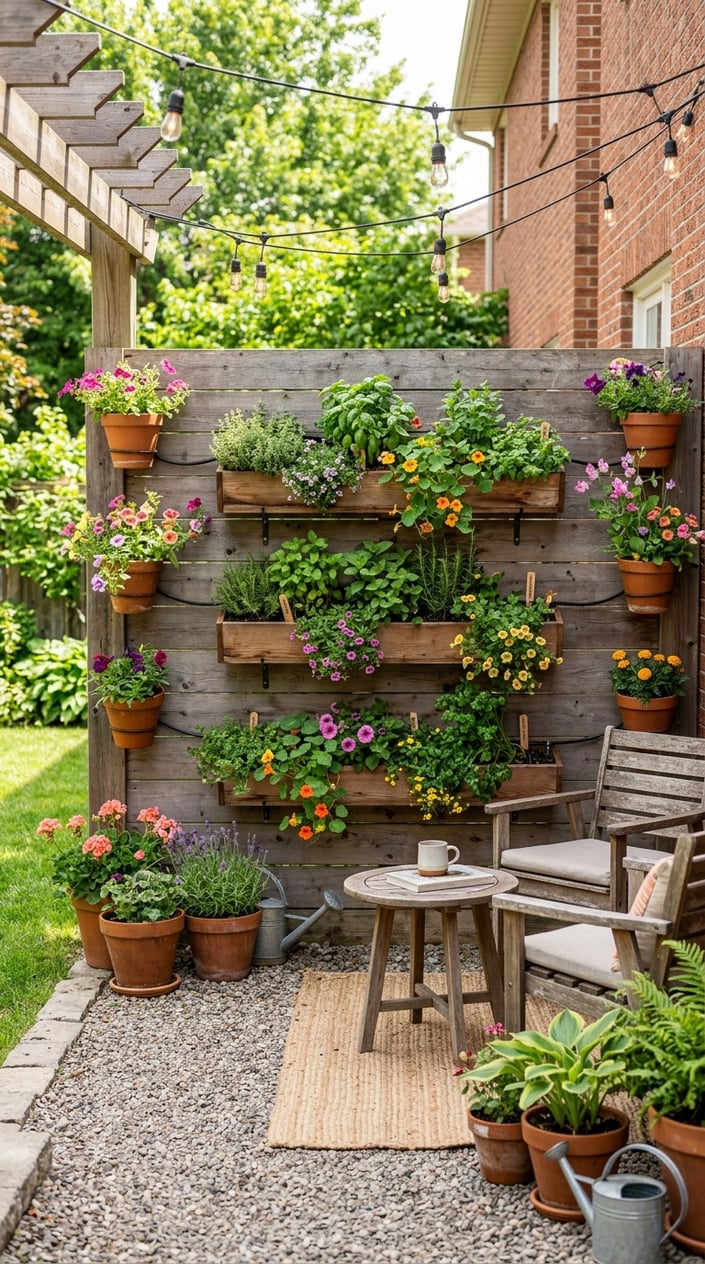 A backyard with vertical hanging planters filled with herbs and trailing flowers on a wooden fence.