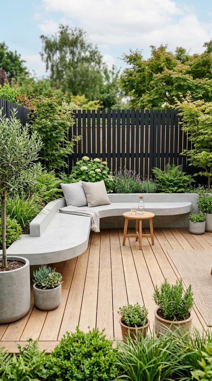 Outdoor corner deck with a curved concrete bench and a black slat fence surrounded by green plants.