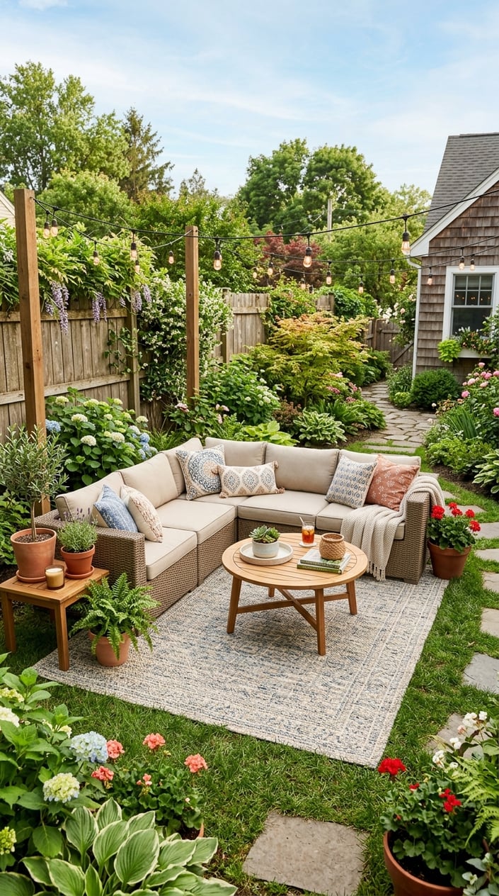 A backyard seating area with a small sectional sofa on an outdoor rug surrounded by plants and greenery.