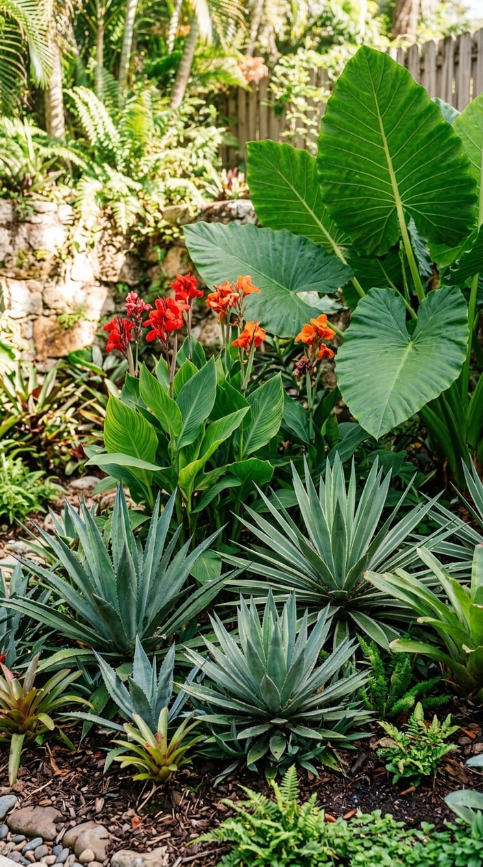 A tropical garden corner with agave, colorful cannas, and large elephant ear plants growing together.