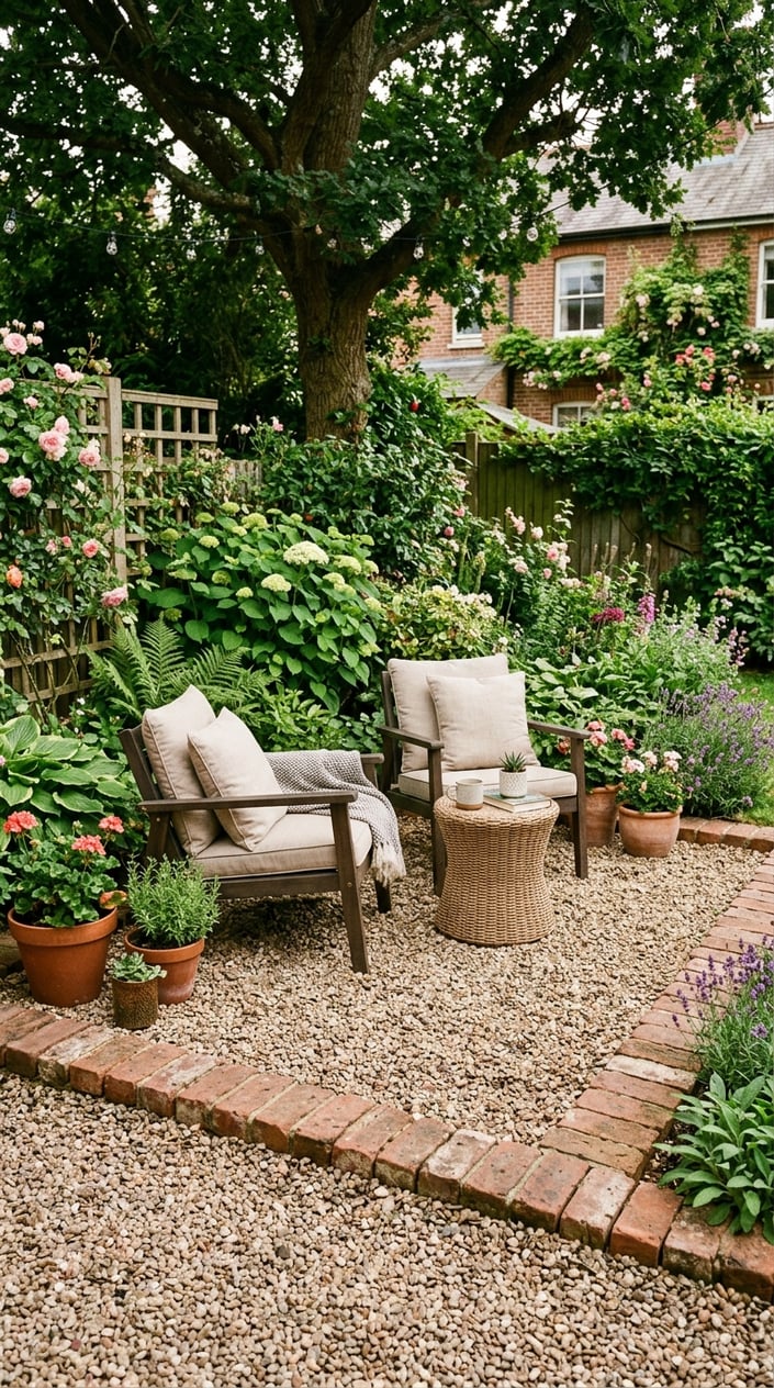 Backyard seating area with repurposed brick border around gravel, surrounded by plants and outdoor furniture.