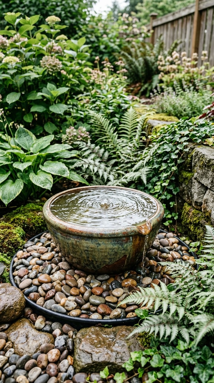 A corner garden water feature with a ceramic bowl fountain surrounded by pebbles and green plants.