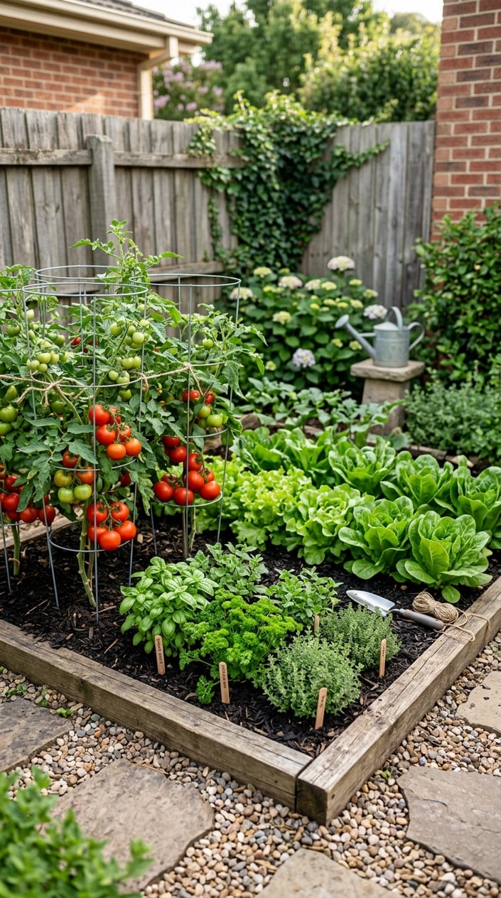 A compact corner vegetable garden with tomato cages, green lettuce, and various herbs growing in rich soil.
