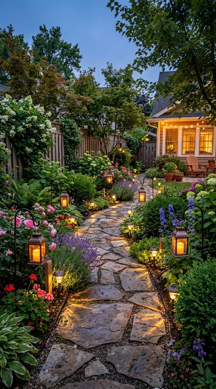 A garden path at twilight lit by battery lanterns and solar path lights surrounded by plants and flowers.