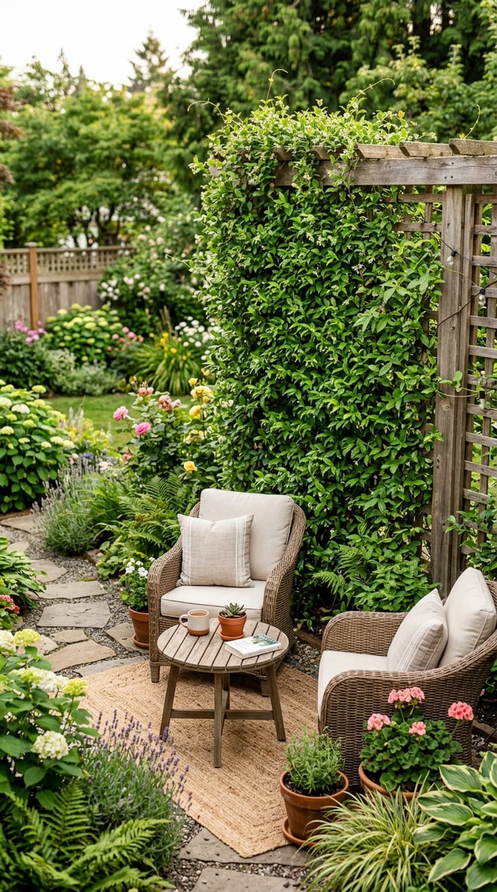 Backyard with a wooden trellis covered in green vines, surrounded by plants and a small outdoor seating area.