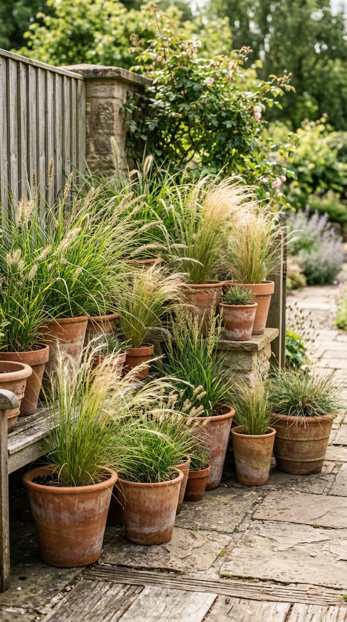 A corner garden with terracotta pots filled with ornamental grasses arranged outdoors.