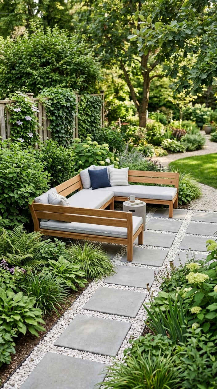 Outdoor seating nook with concrete pavers and white gravel surrounded by green plants and wooden benches.