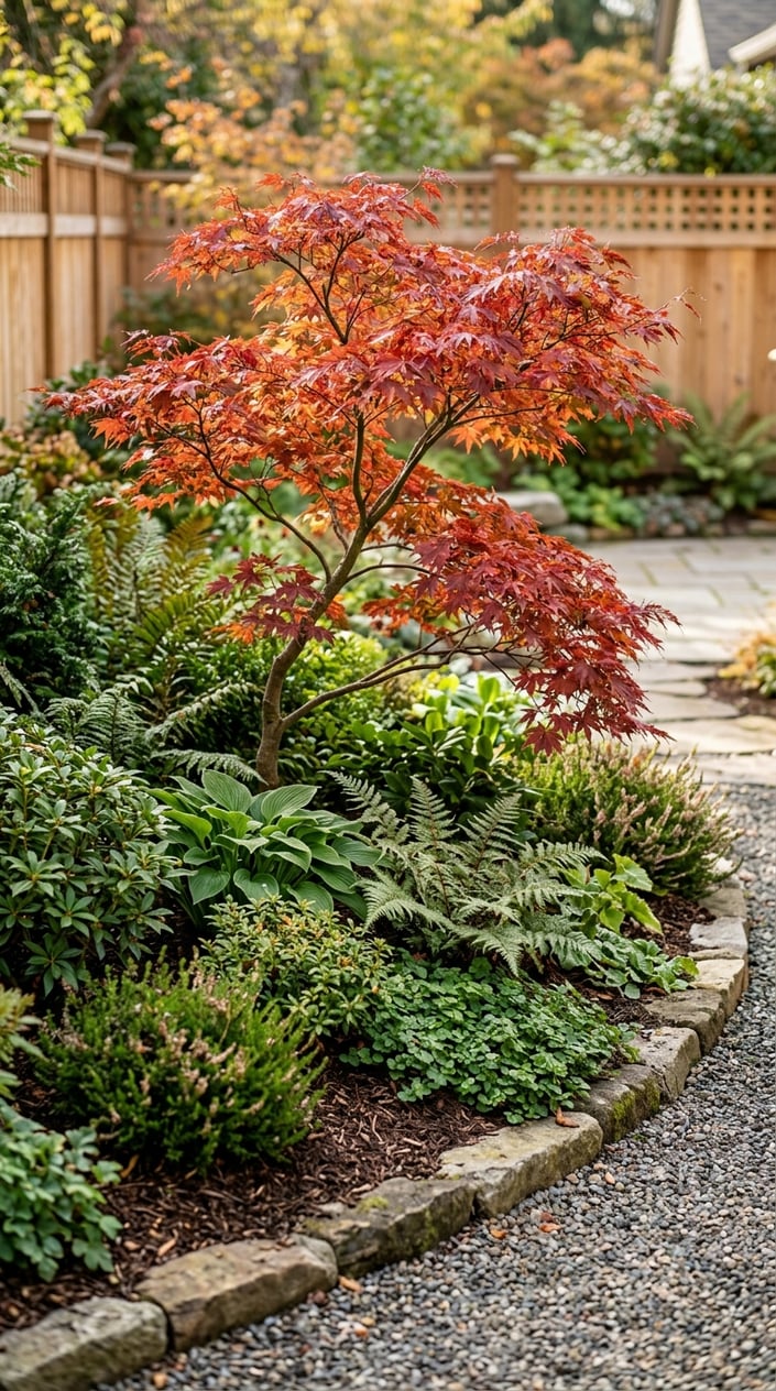 A small garden corner with a Japanese maple tree surrounded by green shrubs and ground cover plants.