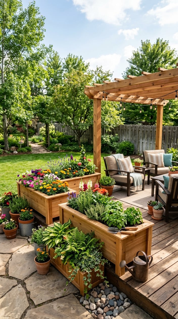 Backyard with raised cedar planter boxes filled with flowers and herbs, surrounded by outdoor seating and garden elements.