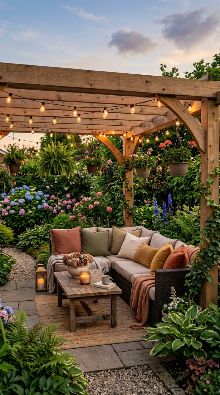 A pergola-covered outdoor lounge corner with string lights and cushioned seating surrounded by greenery.
