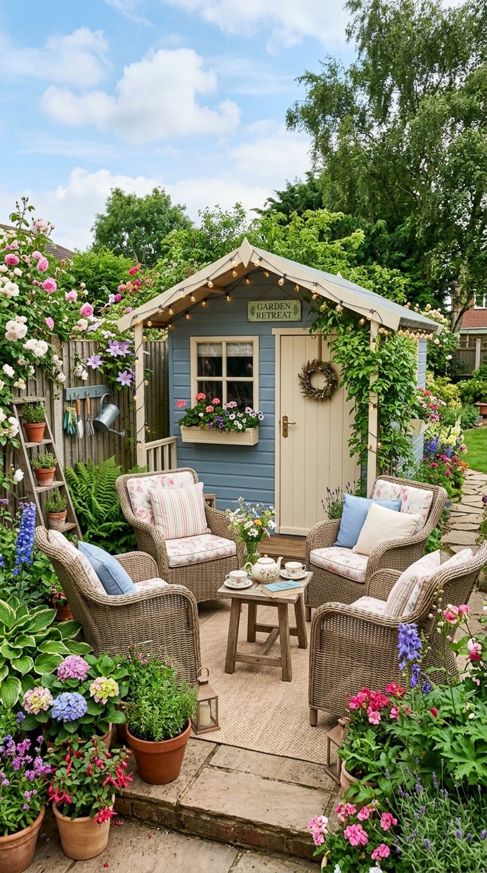 A small painted garden shed in a backyard surrounded by plants and flowers, with outdoor seating and warm lighting.